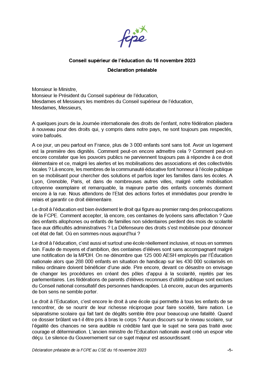 déclaration FCPE CSE du 16 novembre 23