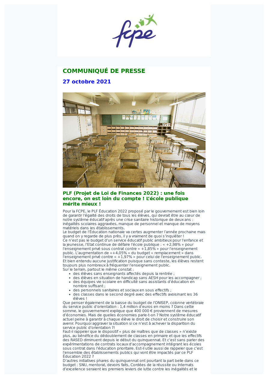 Projet de loi de finance - communiqué de presse FCPE