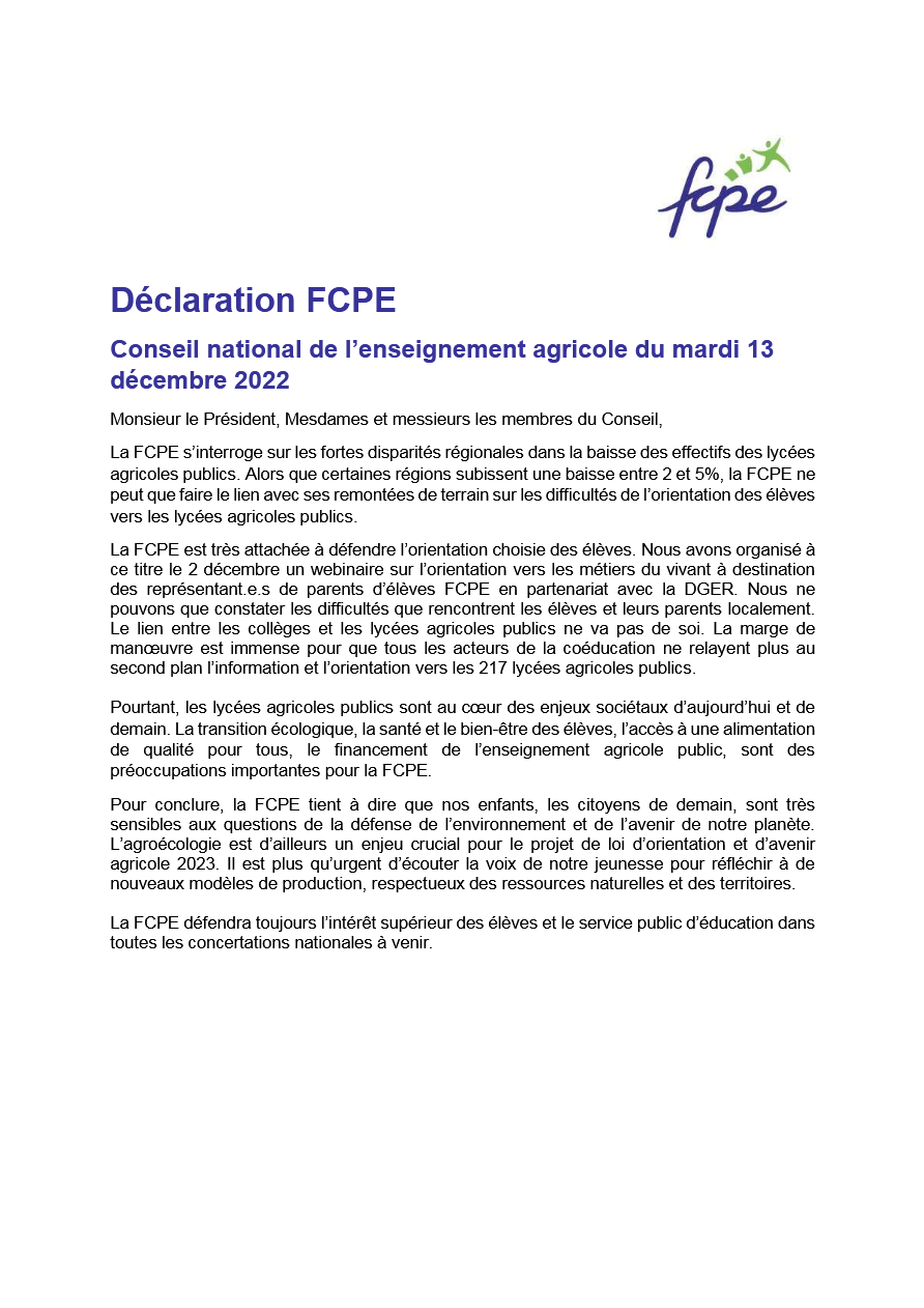 déclaration FCPE au CNEA 13 décembre 2022