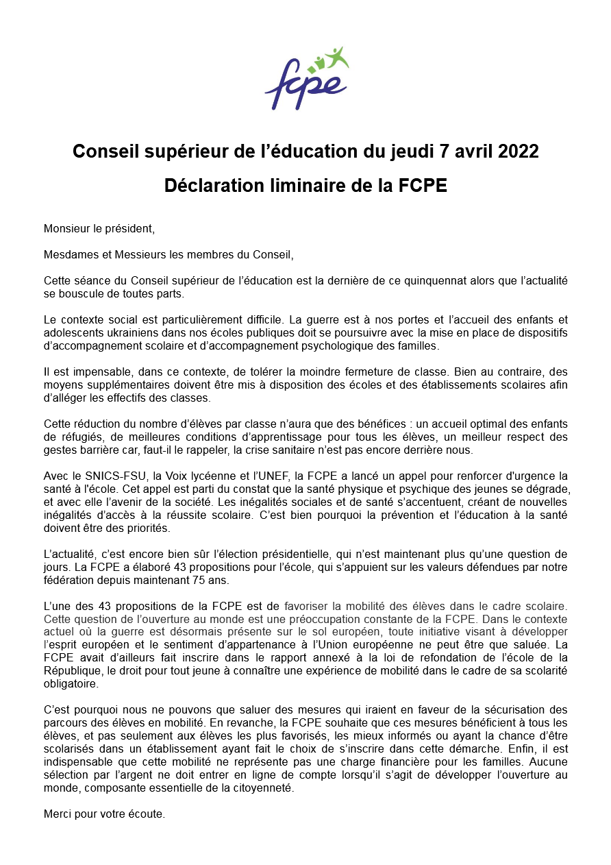 Déclaration FCPE au CSE du 07 04 2022