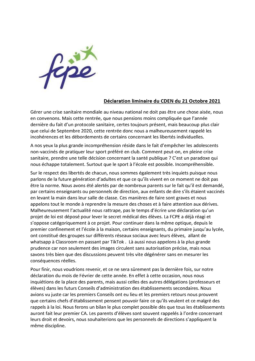 Déclaration liminaire de la FCPE au CDEN du 21 octobre 21